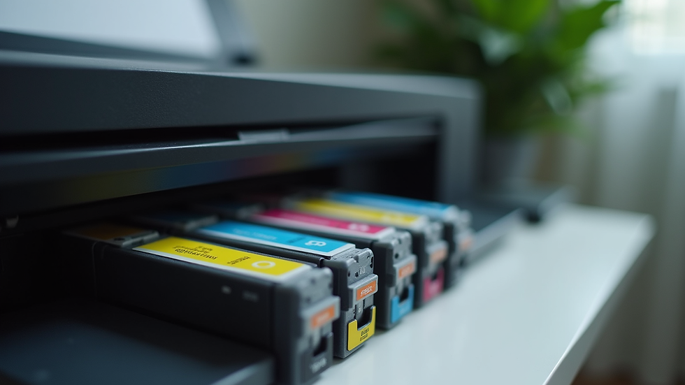 Eye-level view of a printer with genuine cartridges ready for printing