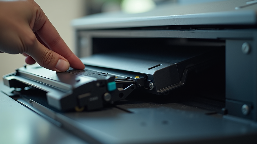 Close-up view of printer toner cartridge being replaced