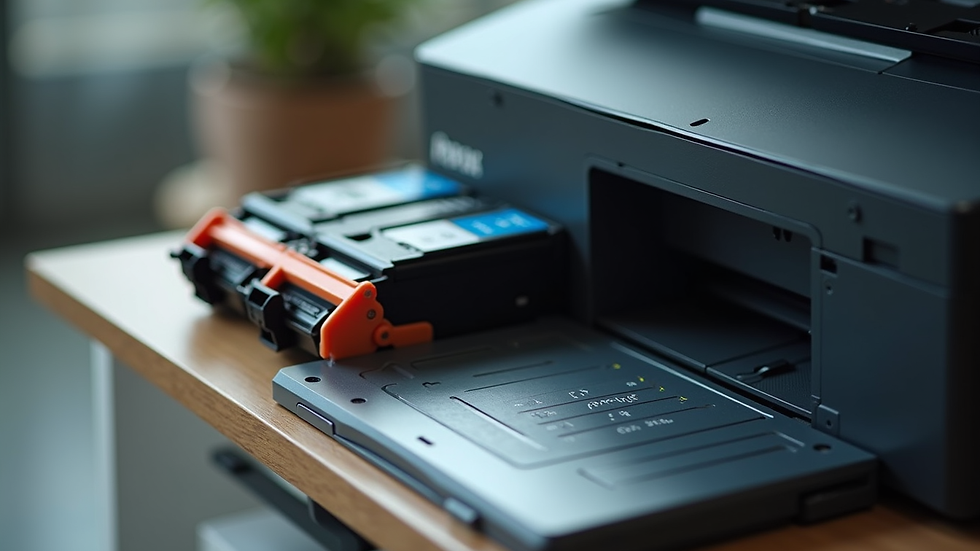 High angle view of a printer maintenance kit next to genuine cartridges