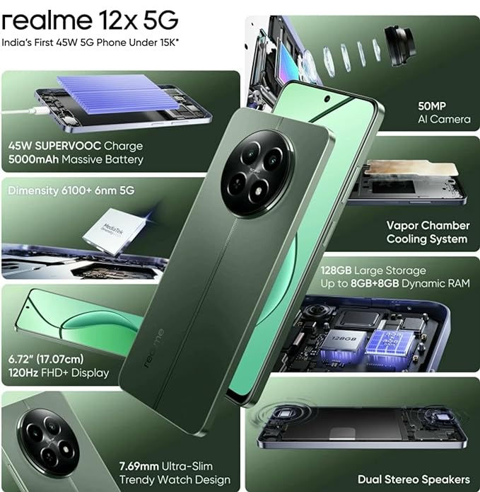 Thumbnail: REALME 12x 5G with 4 /6 /8GB RAM,128GB Storage(Twilight Purple & Woodland Green)
