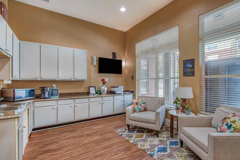 Community kitchen with complimentary coffee bar