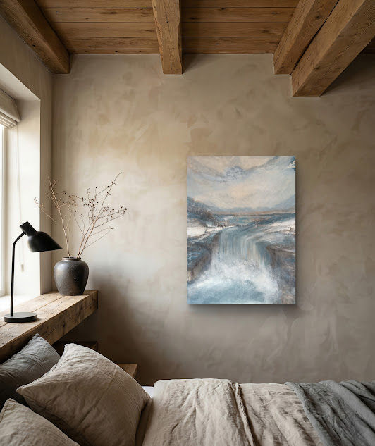 Entre la Caída y la Calma. 73x100 cm en dormitorio. 2026