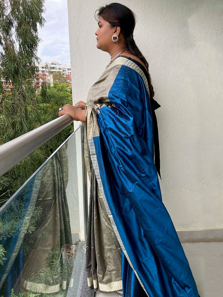 Thumbnail: Abstract Sambalpuri Ikat Saree (Gray/Indigo)