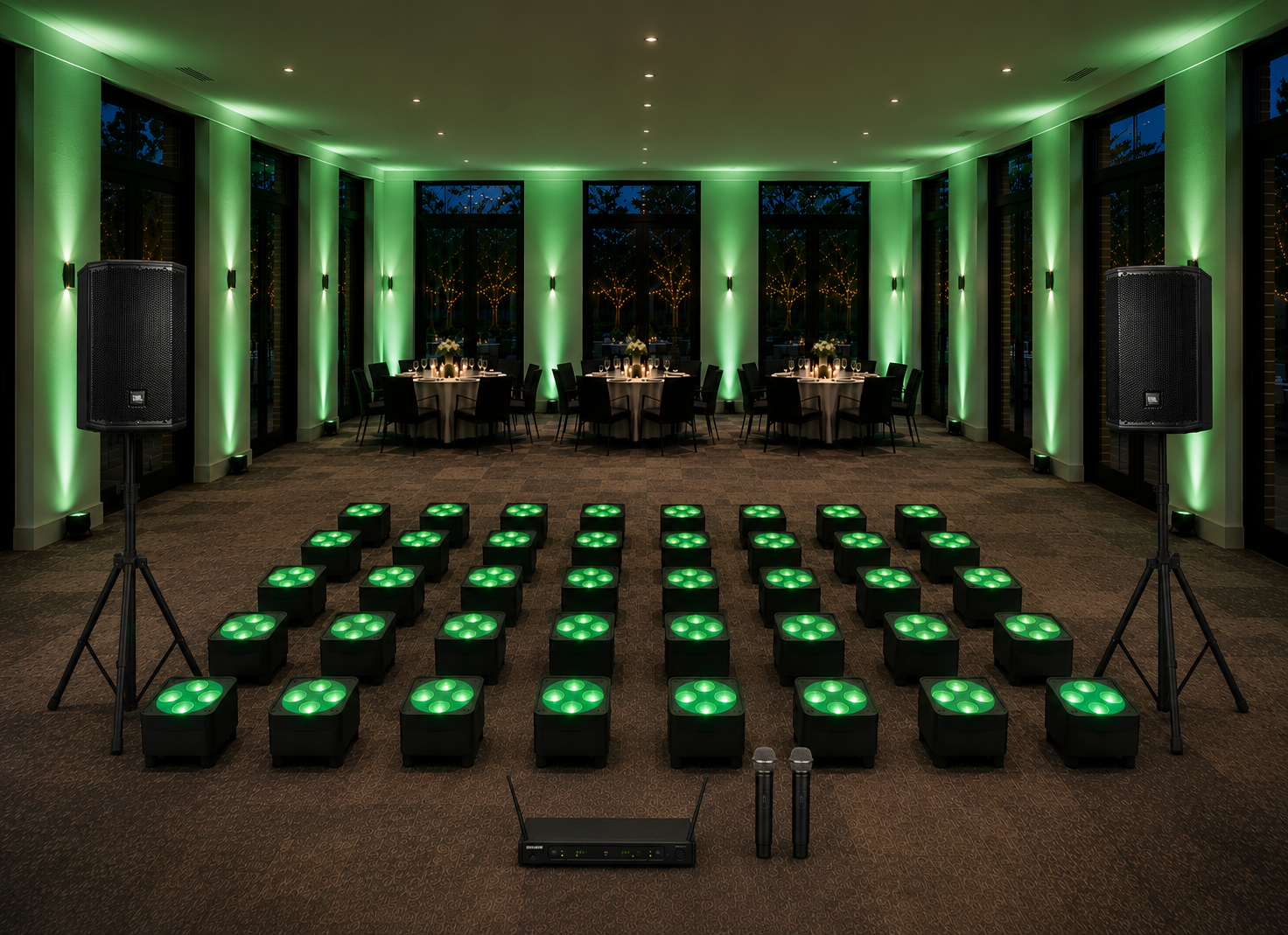 Green led uplighting wedding reception venue