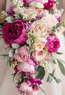 Pink and purple cascading bridal bouquet with peonies