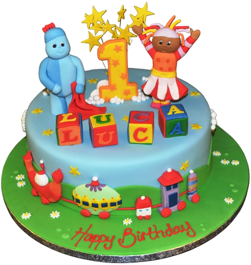 Bespoke IN THE NIGHT GARDEN cake with colorful character toppers and themed decorations in Solihull, West Midlands.