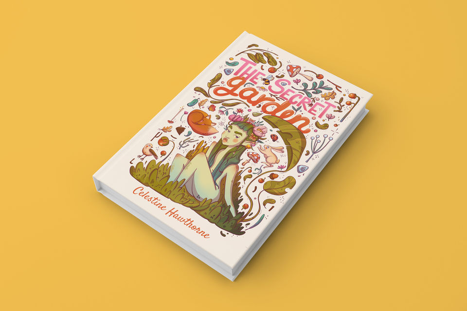 Book Cover digital illustration with green hair surrounded by animals and flowers in a lush, colorful forest setting by Nhefertiti