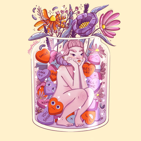 Digital illustration of a girl with pink hair inside a jar surrounded by hearts and flowers, depicting a whimsical and romantic scene, created by Nhefertiti Art.
