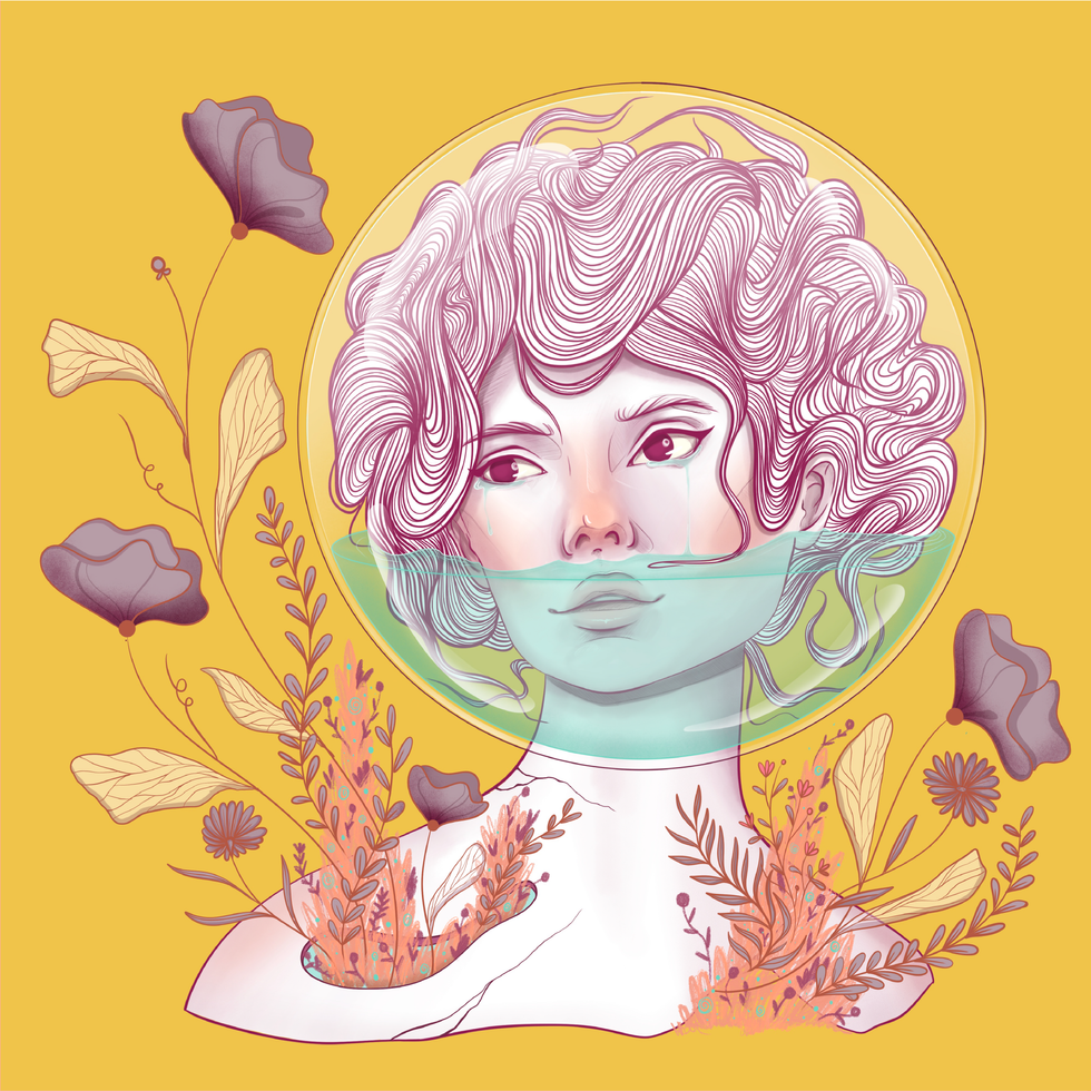 Illustration of a reflective ceramic woman with flowers against a yellow background, created by Nhefertiti Art.
