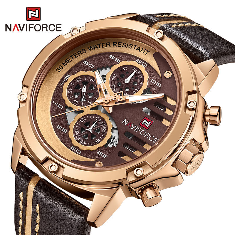 New NAVIFORCE Men's Water Resistant Genuine Leather Band Wrist Watch Luxury Tren