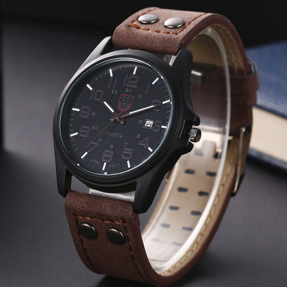 SOKI Mens Out-door Sprots Watch Fashion Leather Wristwatch Quartz Masculino Relo