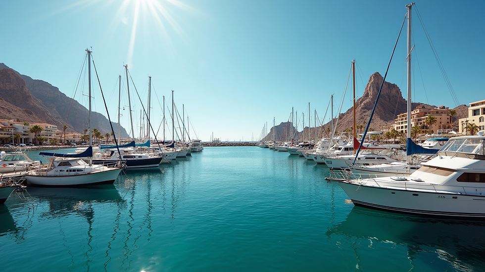 Wide angle view of Cabo San Lucas marina with fishing boats