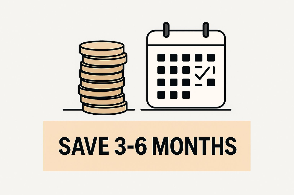 Coins stack beside a calendar with a checkmark. Beige background with text: "Save 3-6 months." Financial planning theme.
