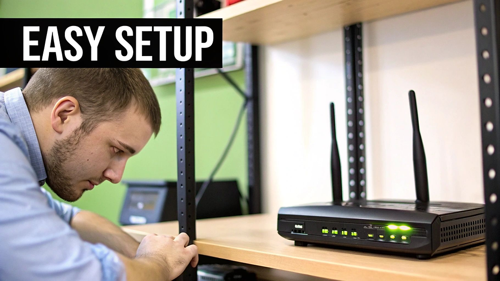 Man setting up a Wi-Fi router on a shelf, focused expression, green wall background. Text reads "Easy Setup" in bold letters.