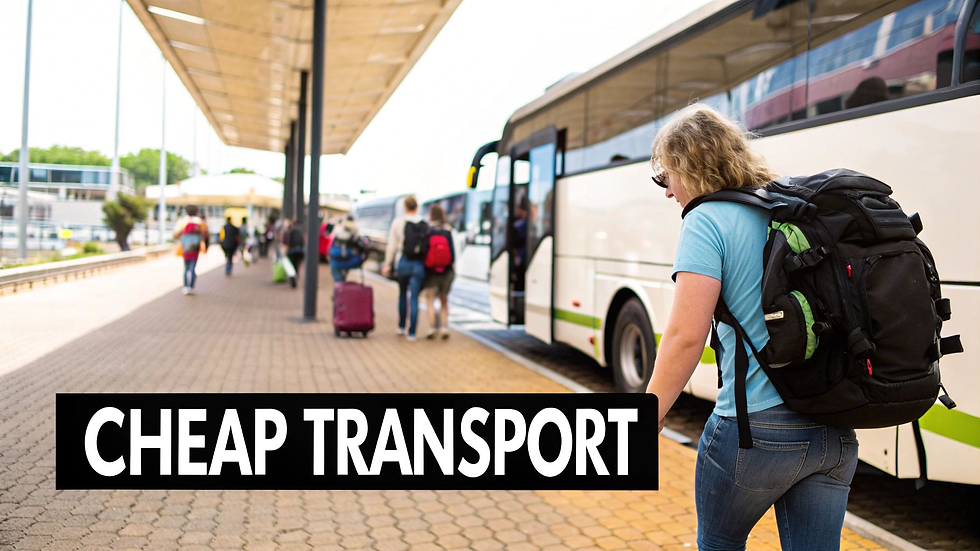 Traveler with backpack walking towards a bus at a station. Others with luggage nearby. Bold text reads "CHEAP TRANSPORT." Sunny day.