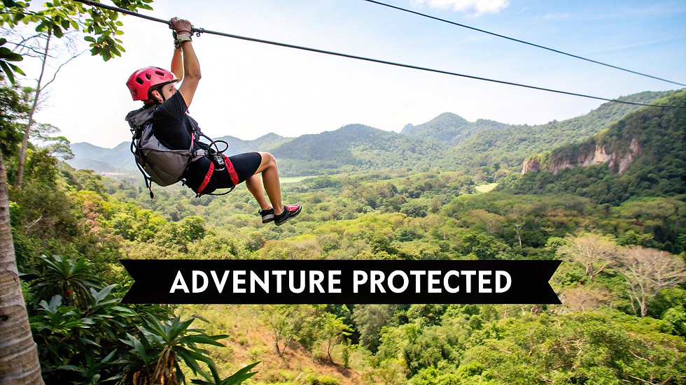 Person ziplining over lush forest in mountains, wearing a red helmet and harness. Text overlay reads "Adventure Protected". Bright, adventurous mood.