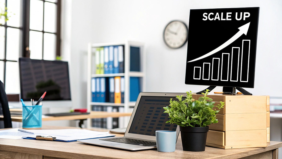 Office desk with a laptop, plant, and screen displaying "SCALE UP" with a graph. Background: shelves, clock, and window, creating a productive mood.