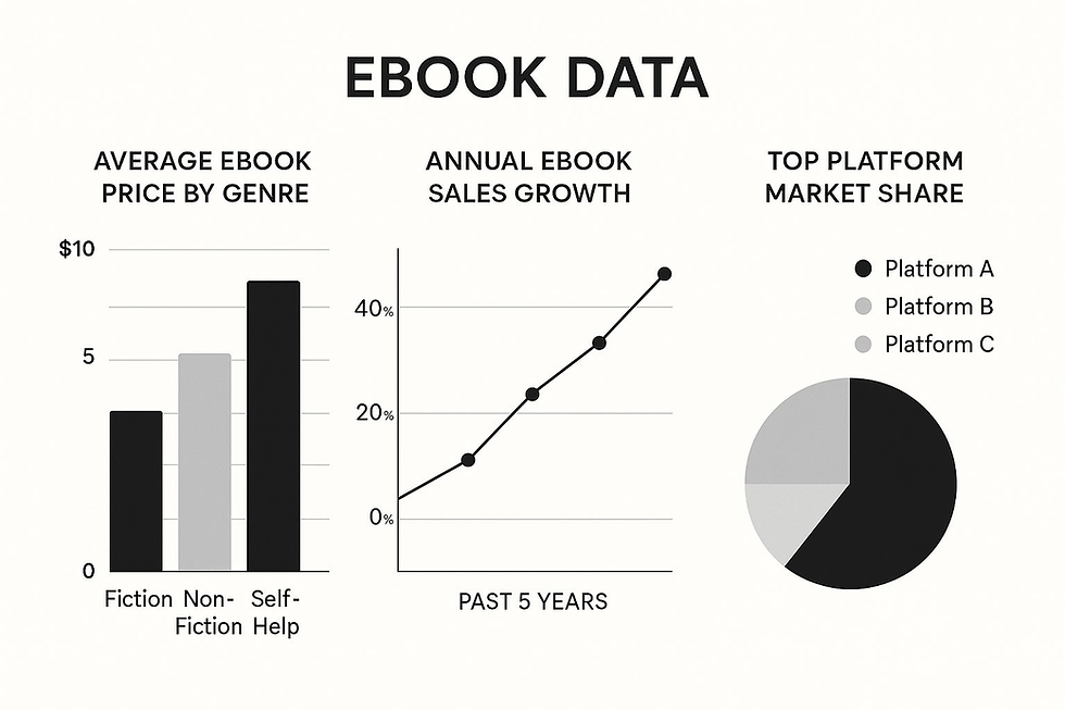 Bar chart of ebook prices by genre, line chart showing 5-year sales growth, and pie chart of top platform market shares. Black, gray, white.