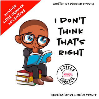Little Notary Derrick is reading a book while sitting on a stack of books.