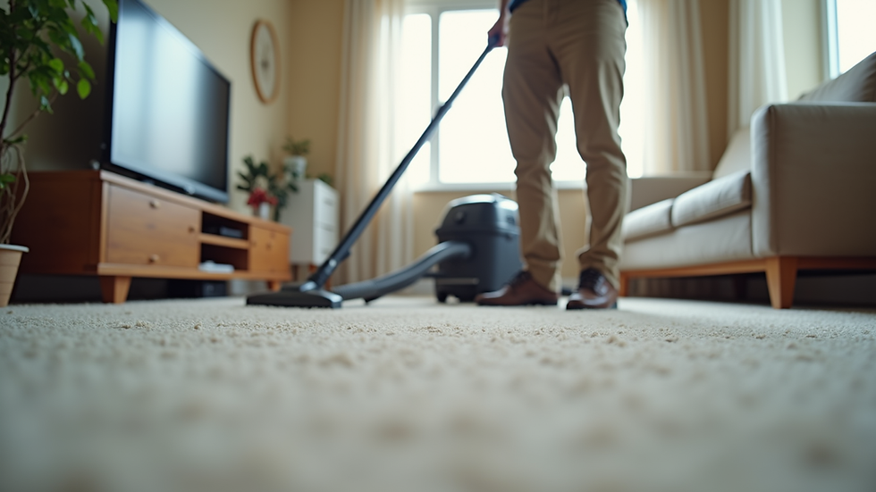 Eye-level view of a professional cleaner vacuuming a carpet in a living room