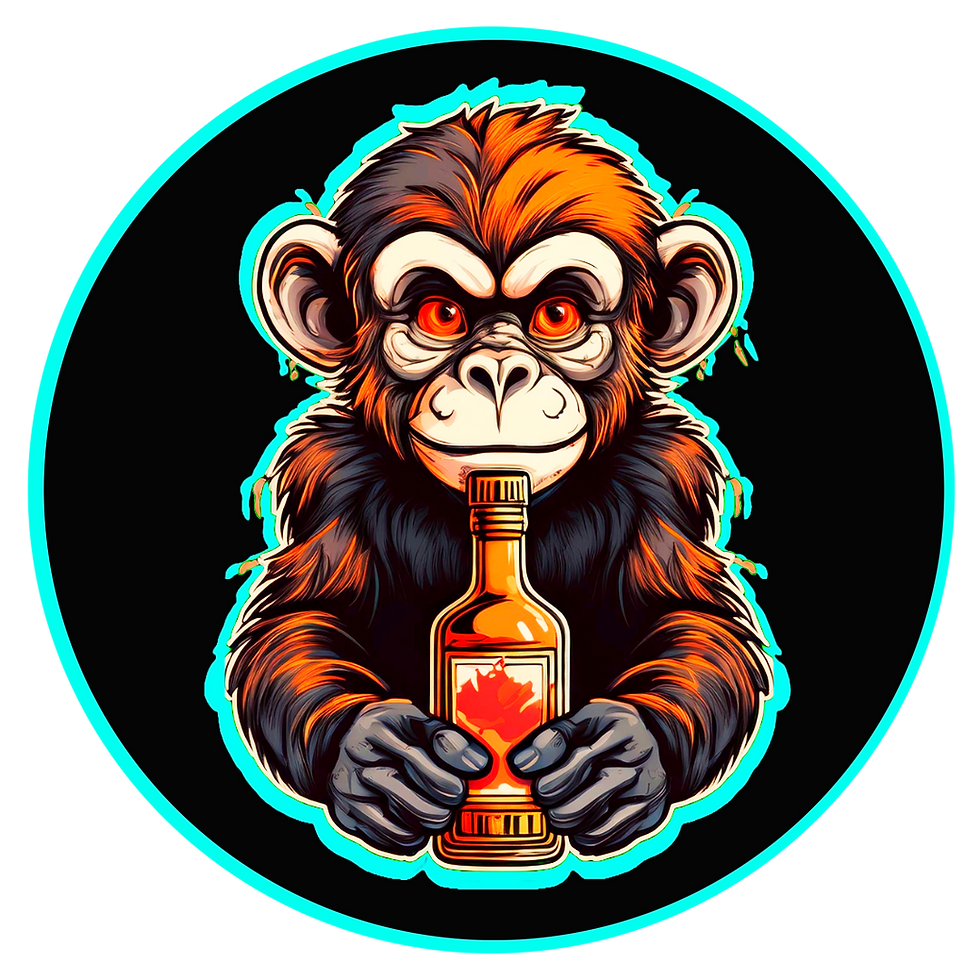 A cheeky monkey holding a maple print labled bottle.