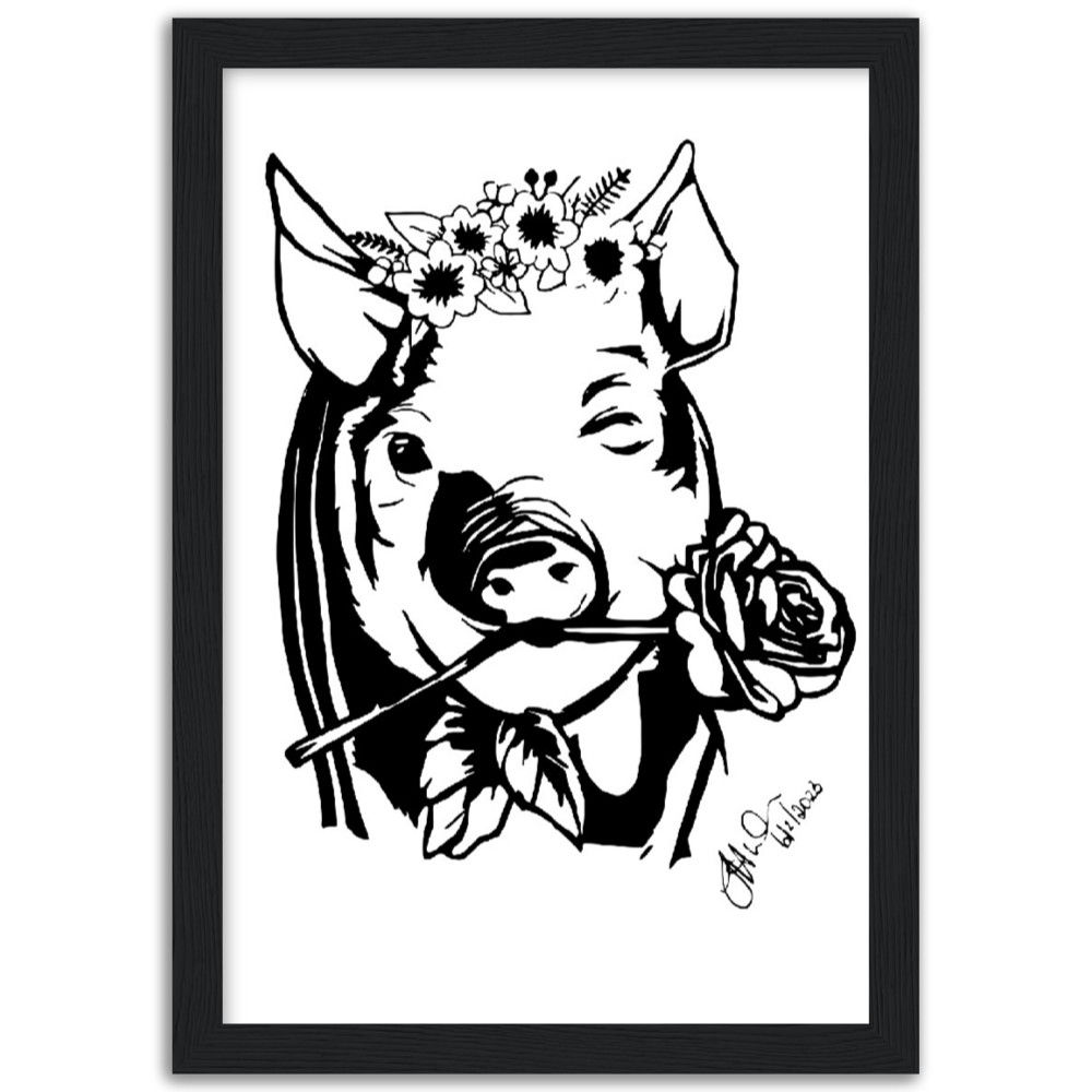 Floral Pig Premium Matte Paper Wooden Framed Poster