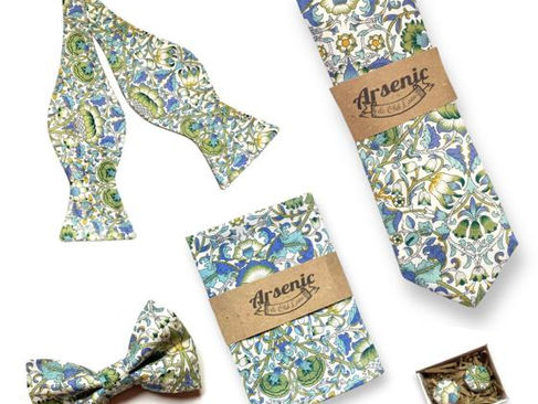 a collection of bow tie, neck tie and pocket square