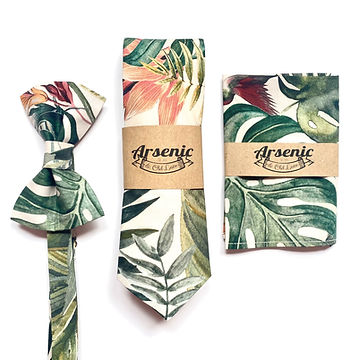 palm leaf tropical bow tie, tie and pocket square