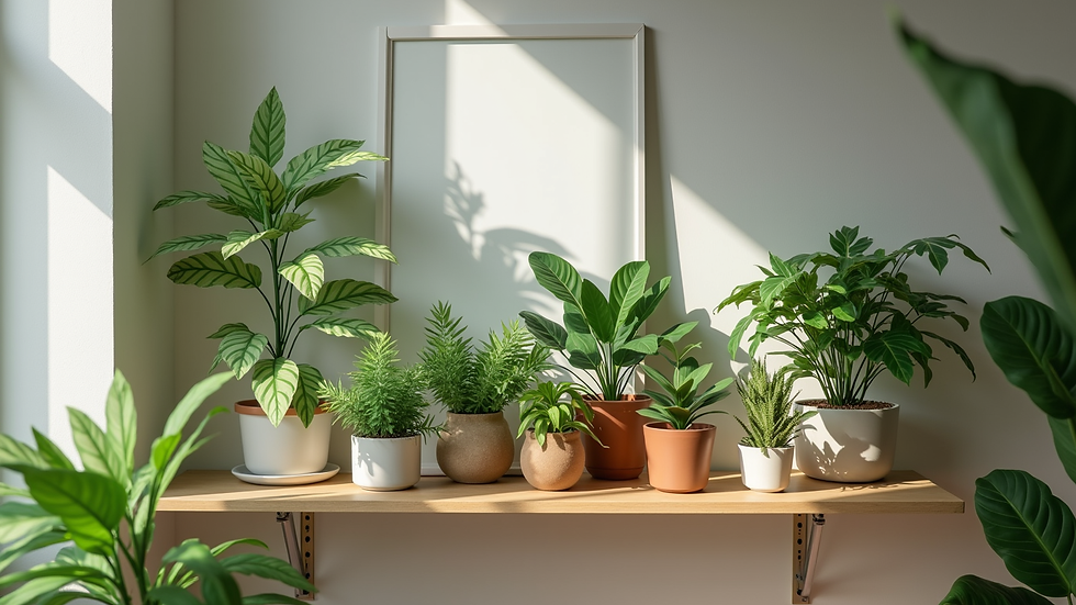 Eye-level view of a variety of indoor plants arranged on a wooden shelf