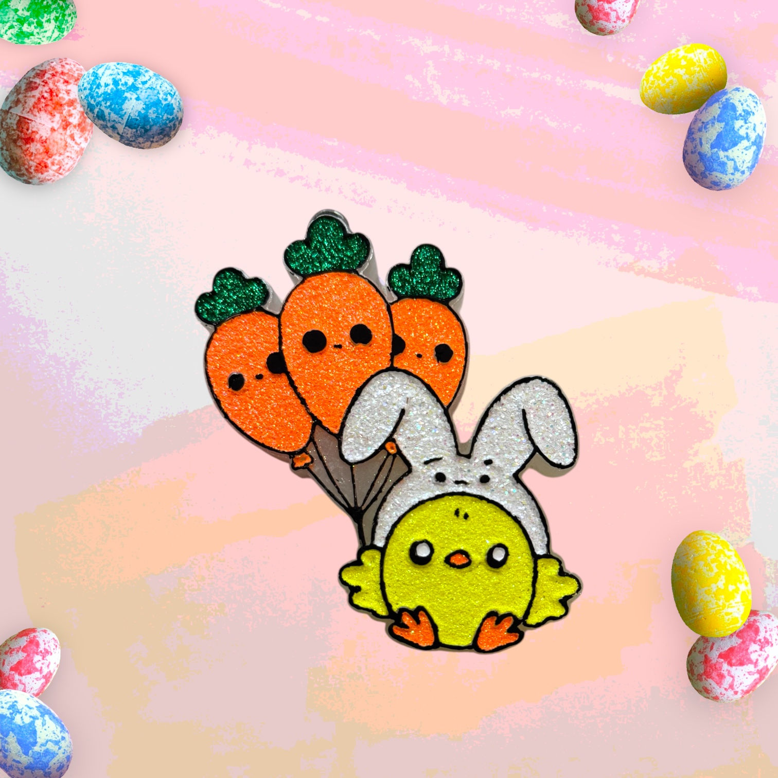 Chick w/carrot balloons (with glitter)