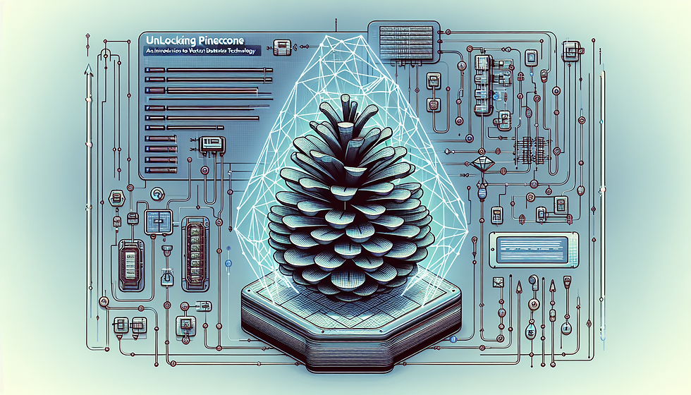 Illustration of a concept titled 'Unlocking Pinecone: An Introduction to Vector Database Technology'. The image portrays a large symbolic pinecone placed centrally, surrounded by miniature representations of computer circuits and networks. Thin vectors, visualized as neon lines, are interweaving between the components, indicating a dynamic exchange of information. On the top, have the title 'Unlocking Pinecone' and at the bottom, include the subtitle 'An Introduction to Vector Database Technology'.