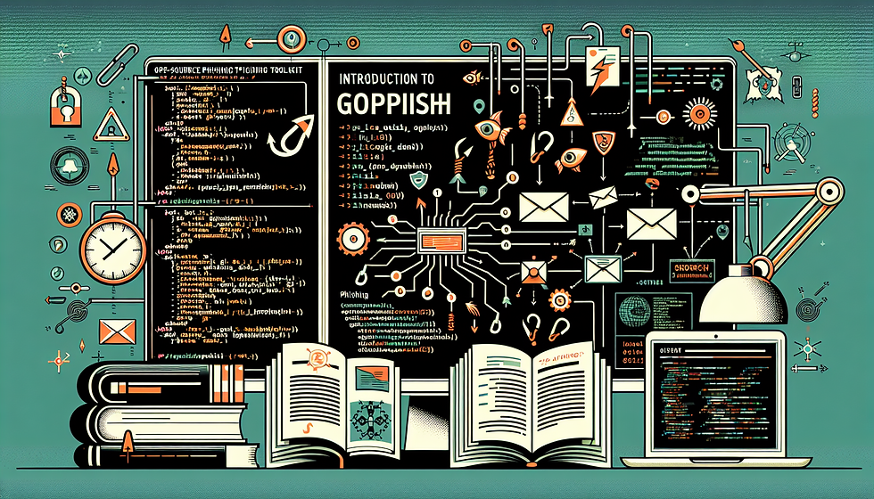 Visual representation of the open-source phishing toolkit called Gophish. Picture a computer screen displaying intricate coding languages, hinting at the complexity of the software. Nearby, there is a book labeled 'Introduction to Gophish', open midway with diagrams and snippets of code. Also present are some phishing iconography such as hook symbols and email envelopes intertwined with lines indicating a network connection. Make sure to show it in a positive light as a tool used for cyber security awareness and education, rather than a harmful tool.