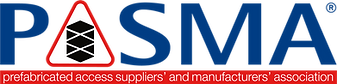 "PASMA logo featuring the acronym in bold, blue letters, representing the Prefabricated Access Suppliers' and Manufacturers' Association, an organization focused on promoting safe use of mobile access towers."