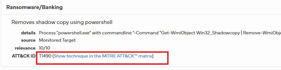 “Hybrid Analysis report mapping PowerShell shadow copy deletion to MITRE ATT&CK technique T1490 Inhibit System Recovery.”
