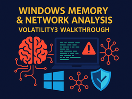 A digital forensic investigator analyzing volatile memory and network connections on multiple glowing monitors, featuring Volatility 3 dashboards, YARA rule detections, binary code streams, and cyber threat intelligence visuals in a dark blue forensic lab environment.