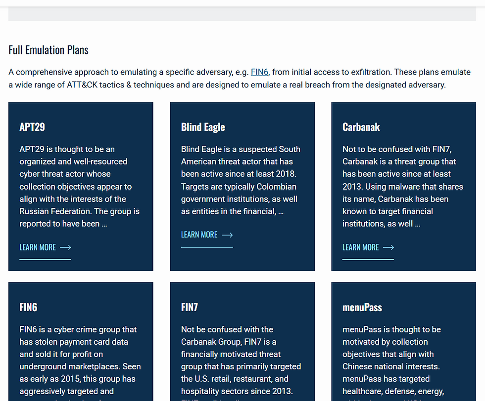 “MITRE CTID emulation library showing adversary profiles including APT29, Blind Eagle, FIN6, and FIN7.”