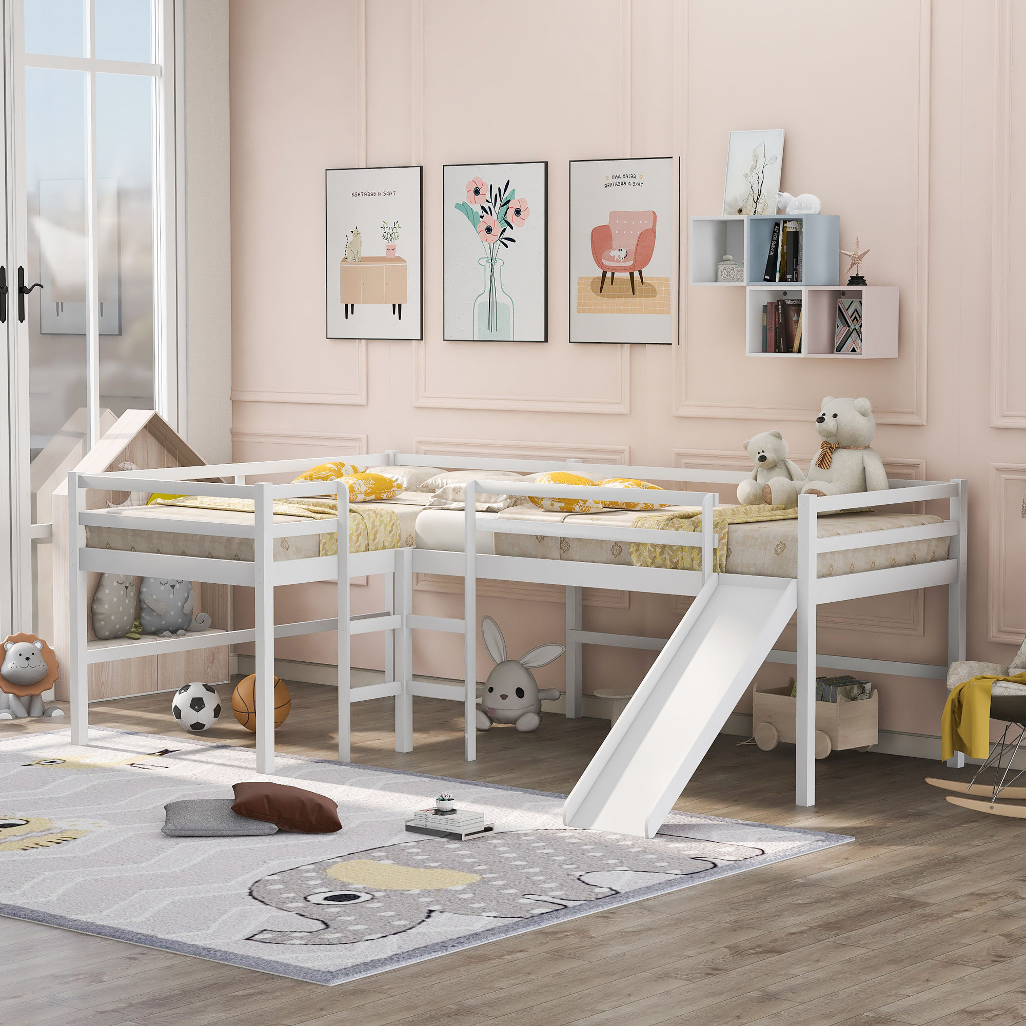 Twin Size L-Shaped Loft Bed with Built-in Ladders and Slide,Wooden Loft Beds for
