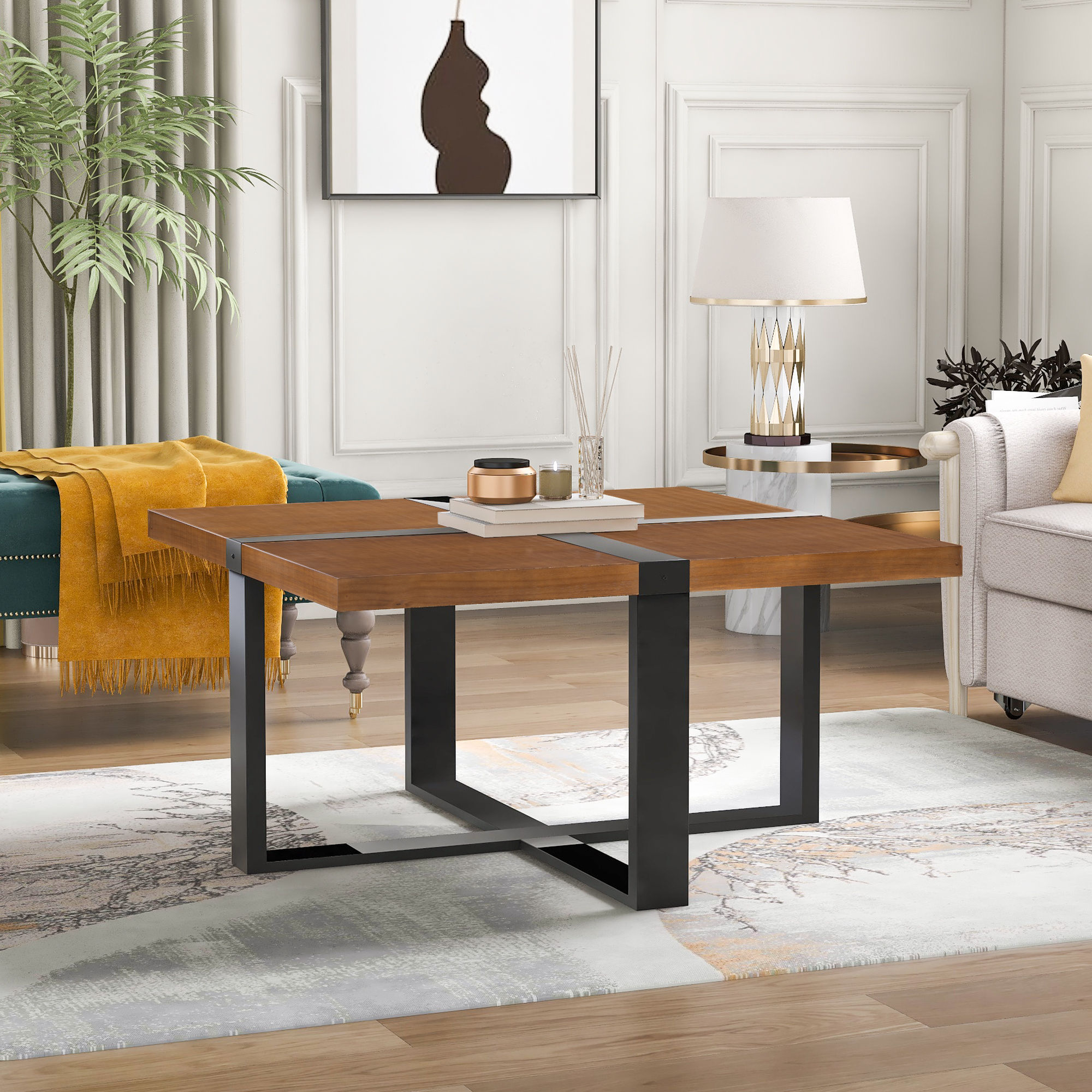 U-style Coffee Table With Crossed-shape Table Top and Wood Legs,37.4 Inch