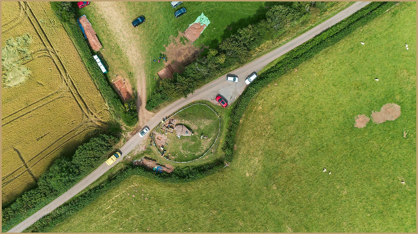 Aerial view of Arthur’s Stone showing the monument and surrounding agricultural landscape