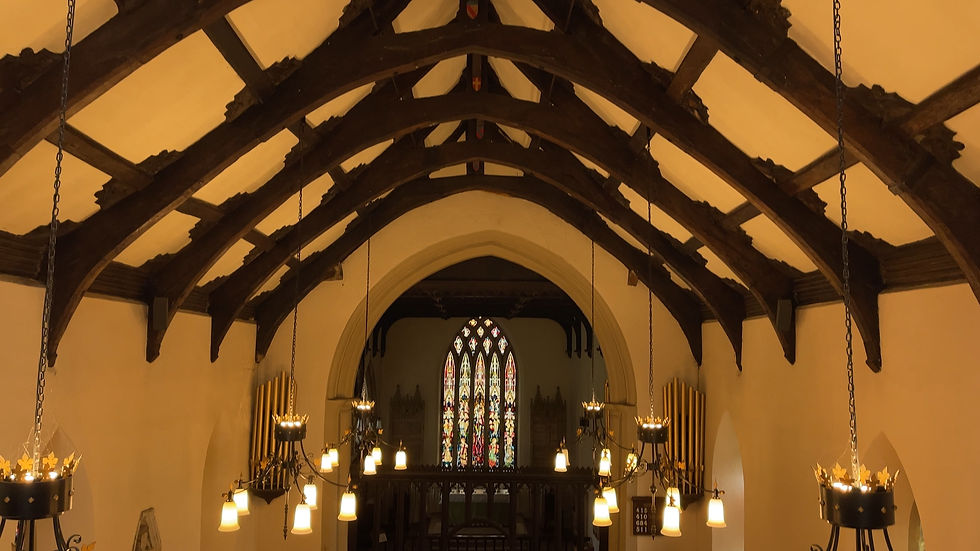 Interior of All Hallows Church, Great Mitton, showing the timber ceiling and view towards the chancel.