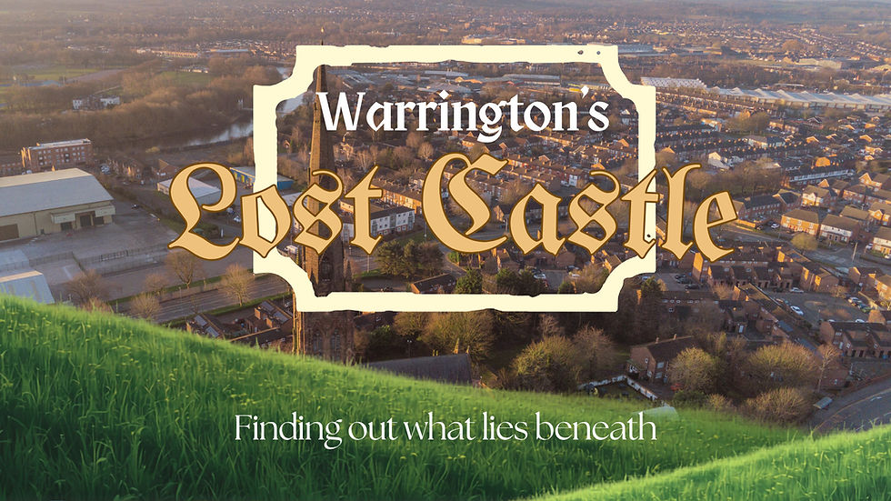 Warrington’s Lost Castle campaign image showing an aerial view of Warrington with text reading Finding out what lies beneath