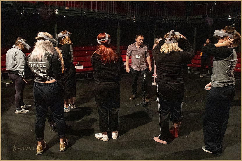 Participants taking part in a virtual reality workshop exploring movement and immersive learning techniques.