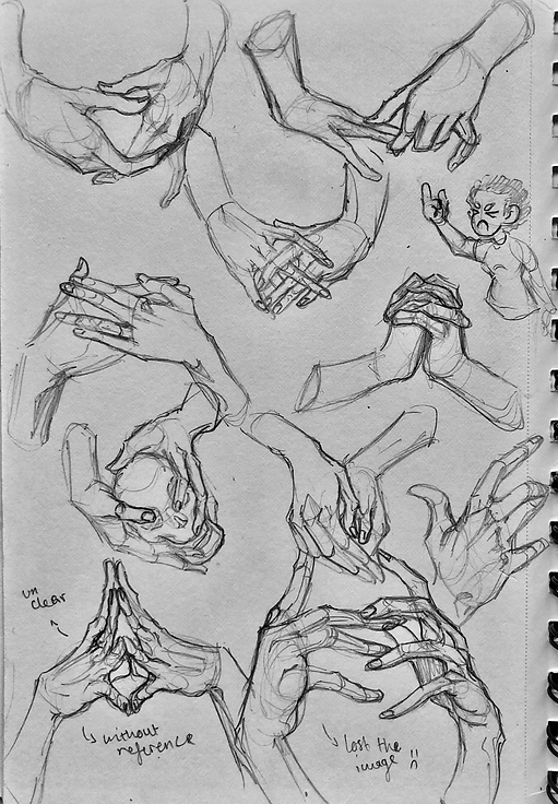 I used references to practice drawing hands and fingers interacting with each other.