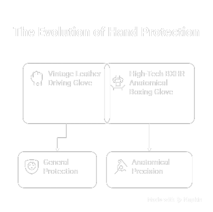 Flowchart titled The Evolution of Hand Protection: Vintage Leather Driving Glove for General Protection; High-Tech BXHR Anatomical Boxing Glove for Anatomical Precision.