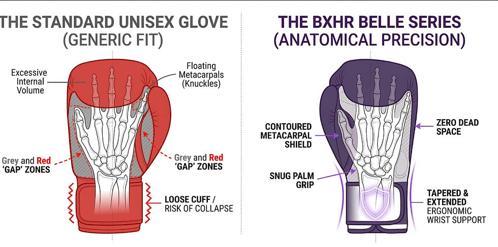 Comparison of two boxing gloves. Left: Red unisex glove with loose fit, labeled gaps. Right: Purple BXHR Belle glove, snug fit, metacarpal shield.