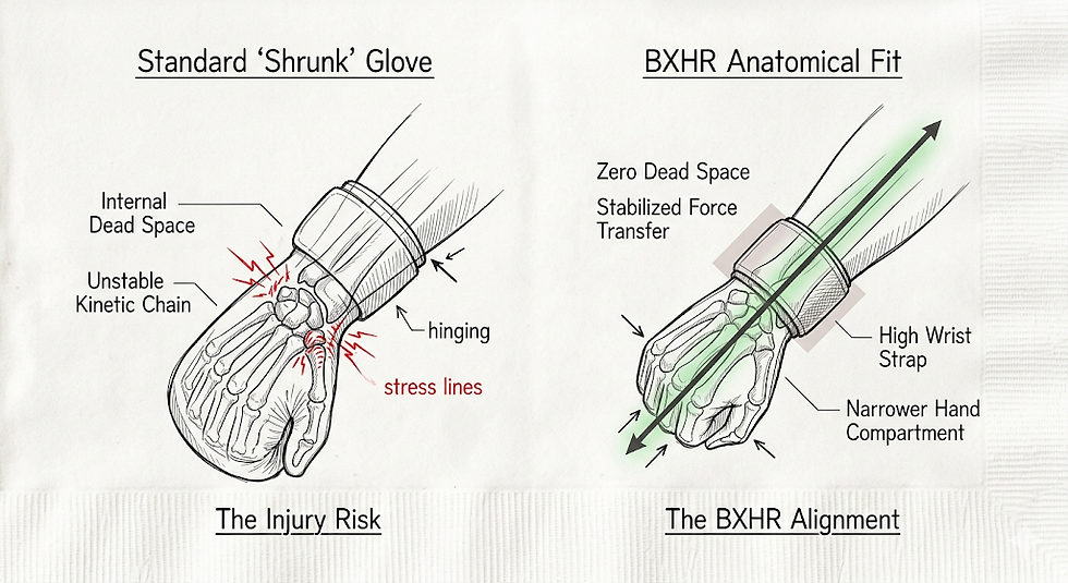 Comparison of glove designs: Left shows a standard glove with stress lines and dead space, right shows BXHR fit with stabilized force, no dead space.