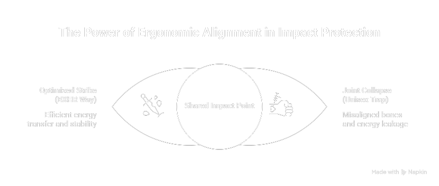 Diagram titled "The Power of Ergonomic Alignment in Impact Protection" shows two overlapping circles labeled "Optimized Strike" and "Joint Collapse" around "Shared Impact Point."