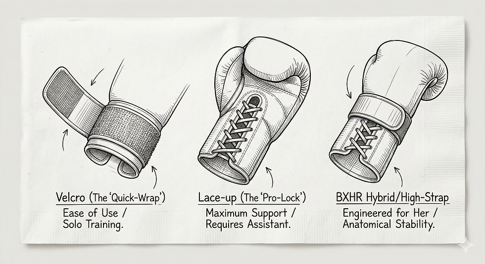 Illustration of three boxing gloves: Velcro, Lace-up, and BXHR Hybrid. Text details usage, support, and stability on a white paper background.