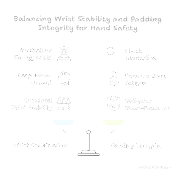 Diagram illustrating wrist stability and padding integrity benefits for hand safety, featuring a balance scale and labeled icons with text.