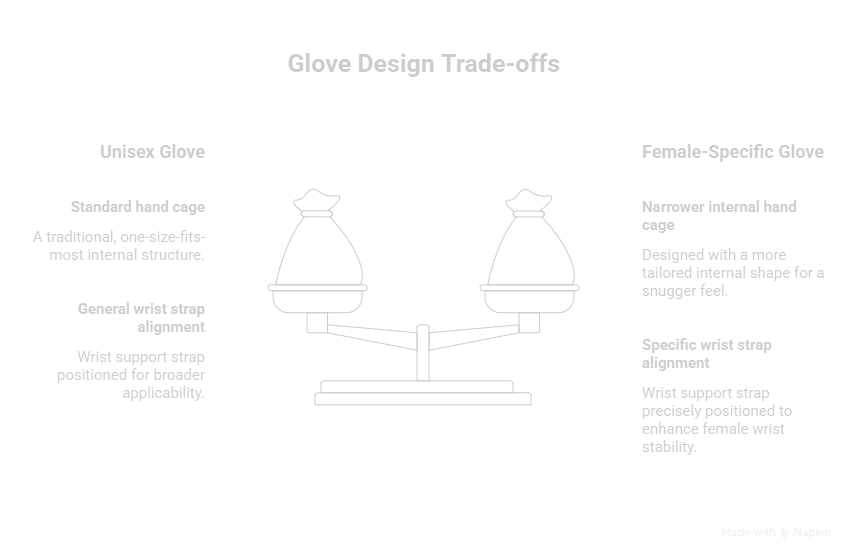 Scale comparing "Unisex Glove" and "Female-Specific Glove" design. Text contrasts hand cage size and strap alignment benefits.